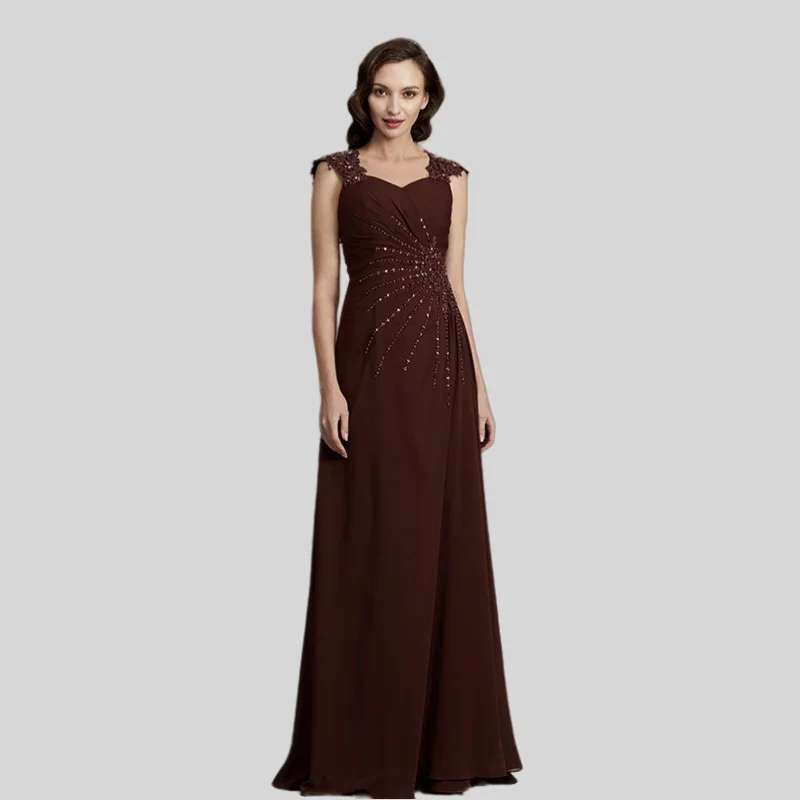 

Brown Mother Of The Bride Dresses A-line Cap Sleeves Chiffon Appliques Beaded Plus Size Long Groom Mother Dresses For Wedding