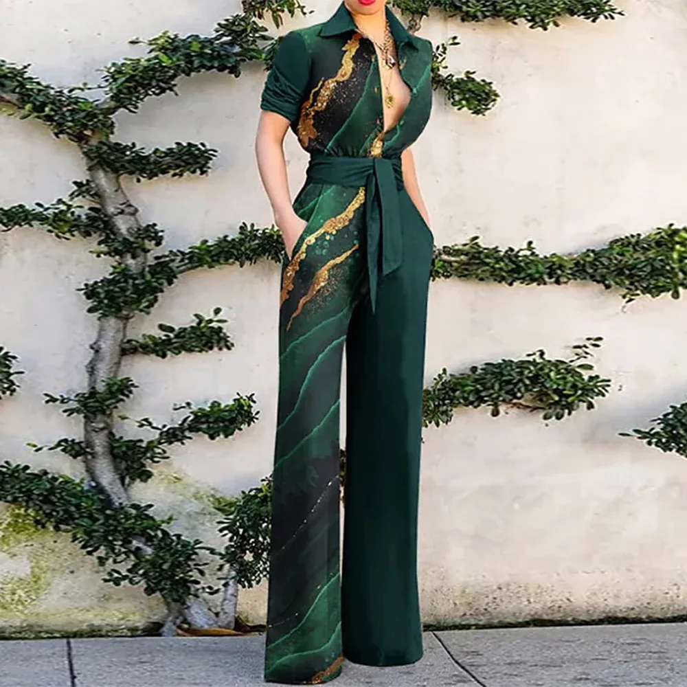 

Spring Trouser Romper for Women Office Wear Belt PlaySuit Women Elegant Wide Pants Outfits Tracksuit
