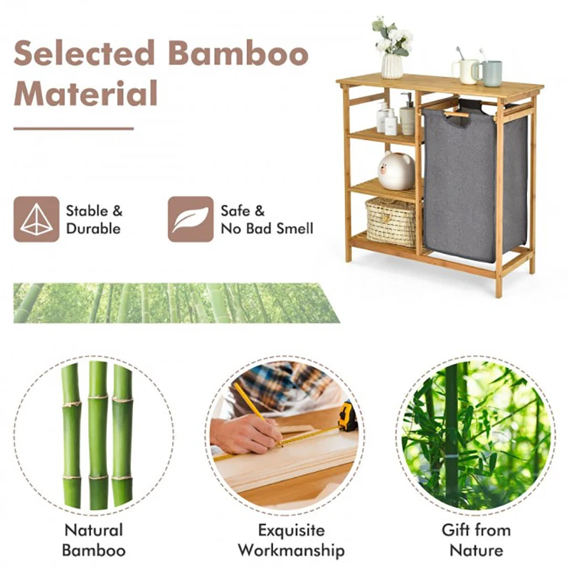 Bamboo Laundry Hamper Stand with Removable Sliding Bag and 3-Tier Open Shelves Laundry Storage Bag