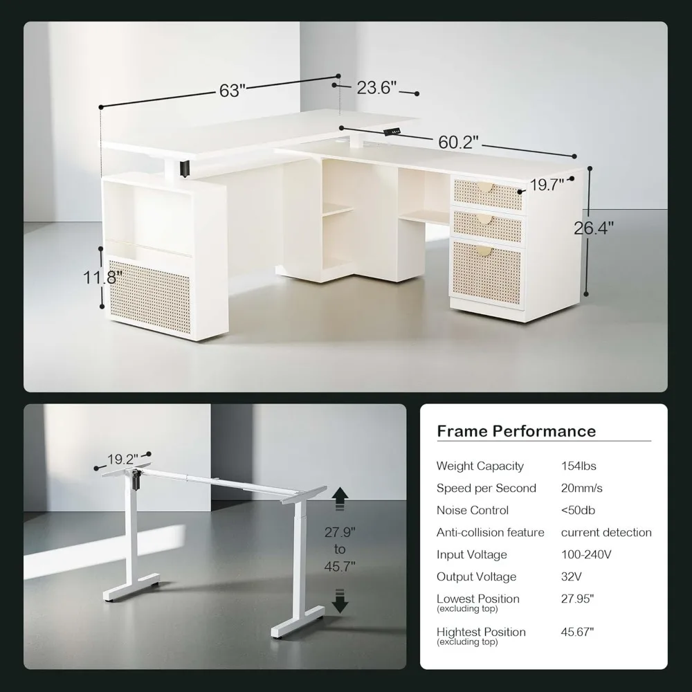63" Standing Desk with File Cabinet, Privacy Panel, AC/USB, 1.18" Desktop, Executive L Shaped Height Adjustable Desk 2