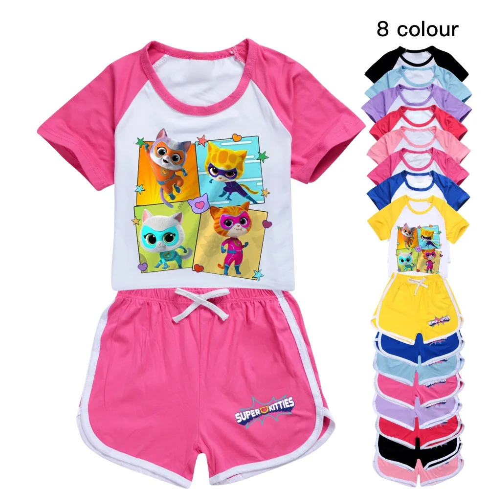

New Girls Boys Summer Clothing Set Super Kitties Kids Sports T-shirt+Pants 2pcs Set Baby Tracksuits Comfortable Outfits Pyjamas