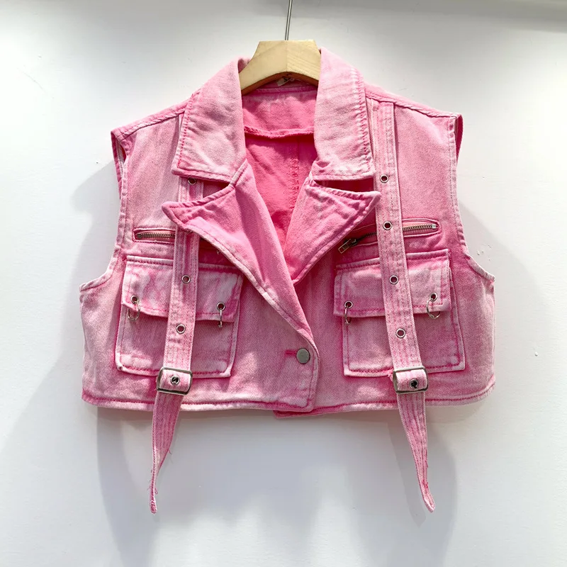 Summer New Women's Wear Denim Personalized Big Pocket Denim Vest Coat Women's Fashion Outerwear Pink Short Vest Y2K