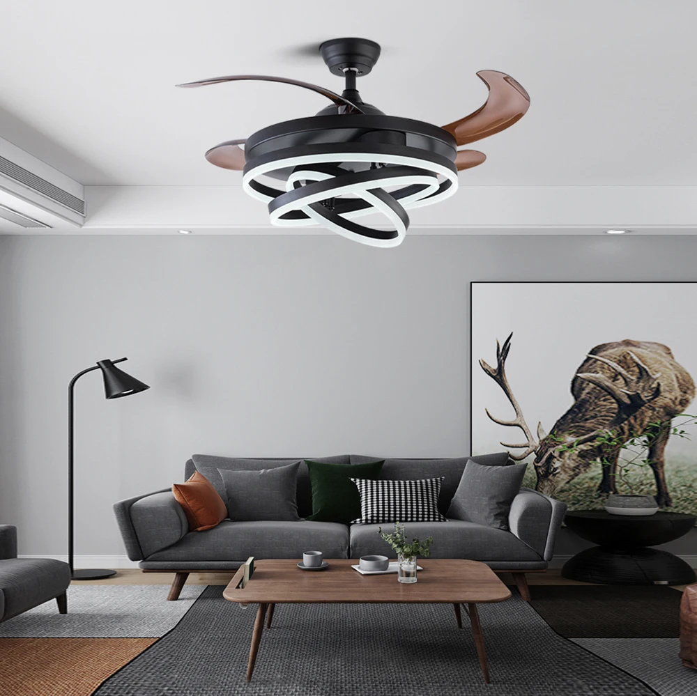 Ceiling Fans Modern Intelligent LED Hanging Lampara with 4 Retractable Blades Led Light With Remote Control Dimmable for Bedroom