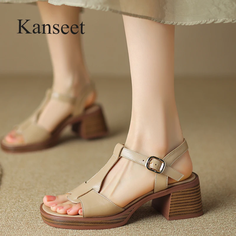 

Kanseet Women Sandals Concise Open-Toed Genuine Leather Shoes 2023 Summer Beige Apricot Elegant Dress High Heels Ladies Footwear