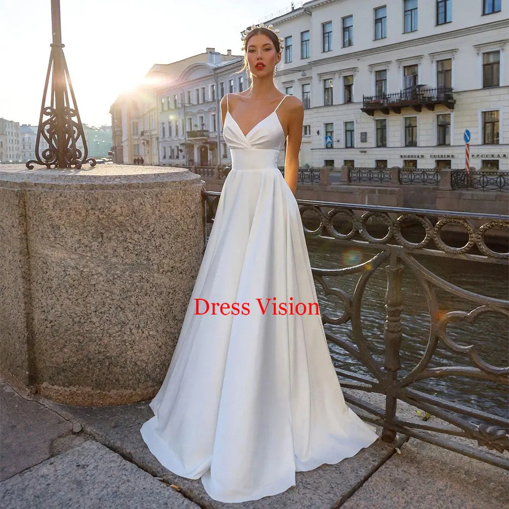 

Simple Wedding Dress Sexy Spaghetti Straps V Neck Backless Satin Bridal Gown Sweep Train Vestidos De Novia Marriage Dresses