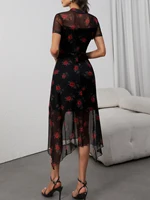 Goth Dark Elegant Fashion Florals Print Short Sleeve Mid Dress Fairy Grunge Mesh Patchwork Double Layer Dresses Gothic Techwear - Image 6