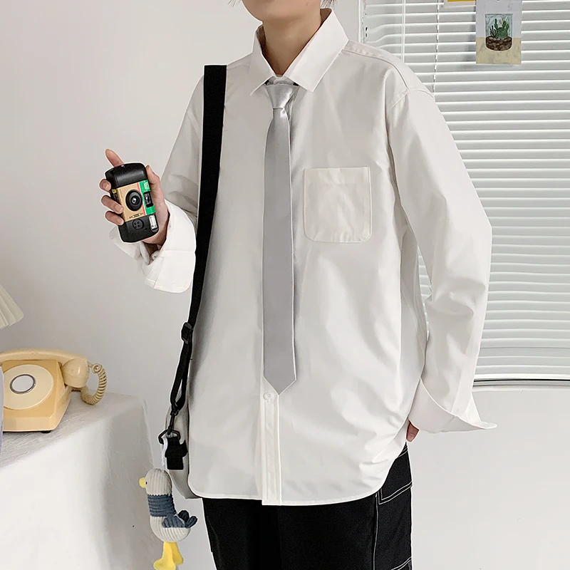 

Harajuku Long Sleeved Shirts Men Solid Color Elegant Single Breasted Blouse Loose Shirt Streetwear Male Coat with Suit Tie