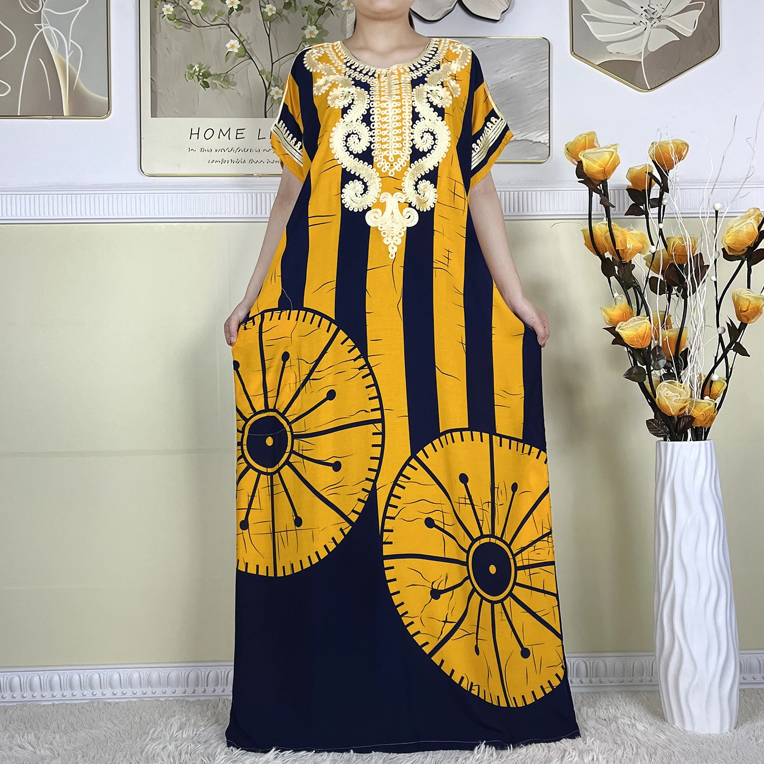 2024 New Style Summer Loose Short Sleeve Dress African Dashiki Pattern Printing Soft Cotton Woman Elegant Maxi Islam Lady Abaya