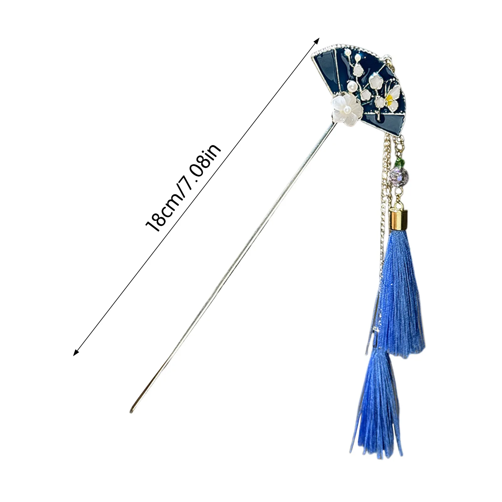 Bastoncino per capelli antico ventaglio blu con nappe fiore_voghion.com