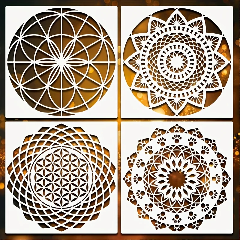 4개입 11.8 x 11.8인치 만다라 스텐실, DIY 벽 캔버스, 패브릭, 가구 장 기하학적 꽃무늬 템플릿 페인팅용