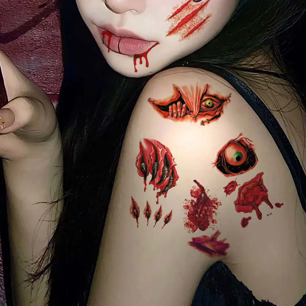 30pcs Waterproof Halloween Tattoo Stickers Bleeding Wound Scar Temporary Tattoos for Women Men Fake Tattoo For Halloween Party 4