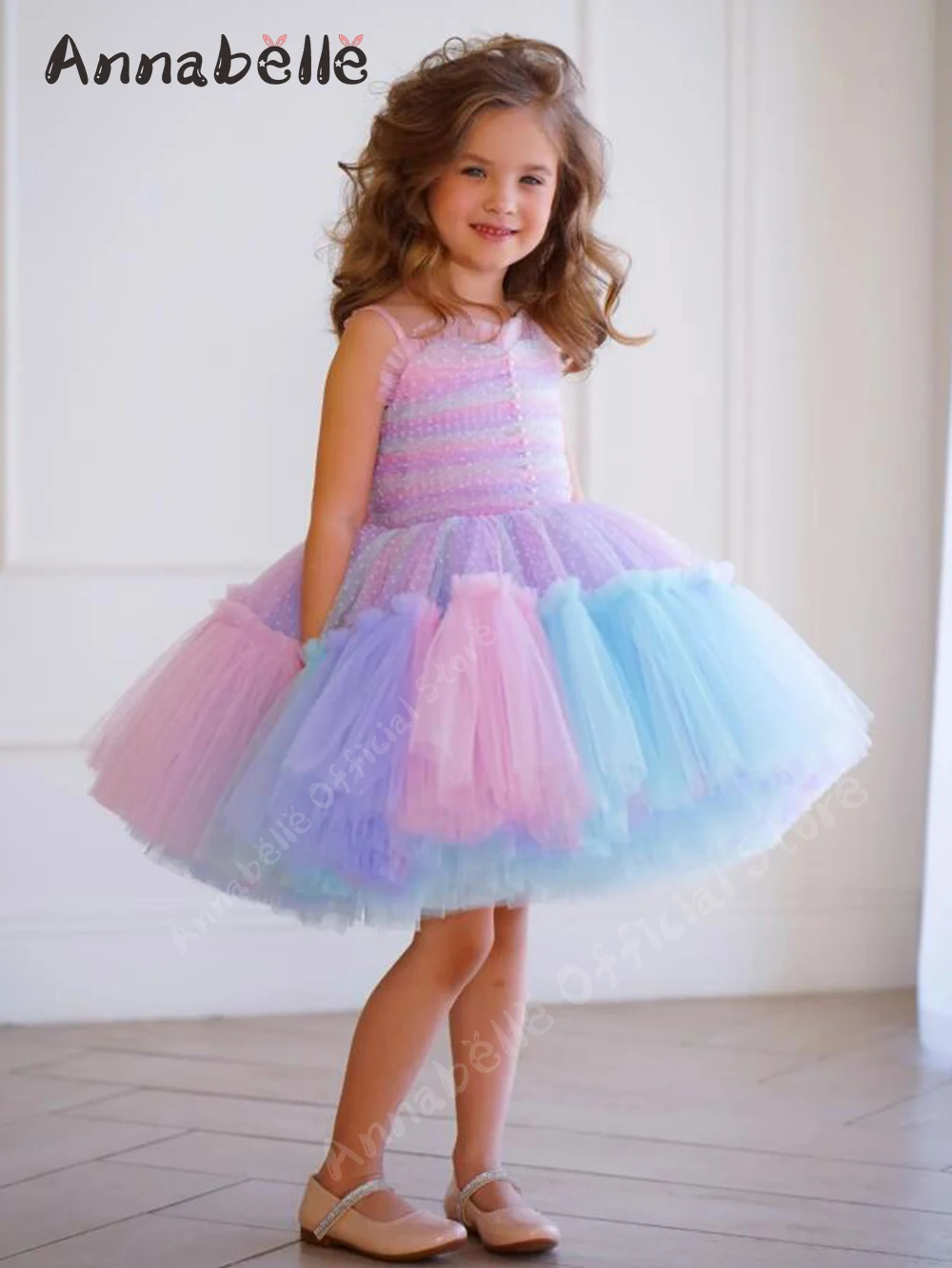 Annabelle Kids Birthday Party Gown Spaghetti Strap Senza Maniche Flower Girl Dress Puffy Baby Girl Dress Wedding