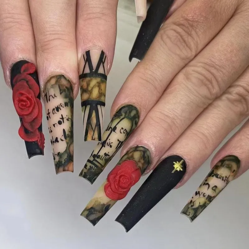 Langes Ballerina-Nägel-Set, 24-teilig, zum Aufdrücken, tragbare künstliche künstliche Nägel mit Kleber, Rosenmuster-Designs, Fake Na_voghion.com