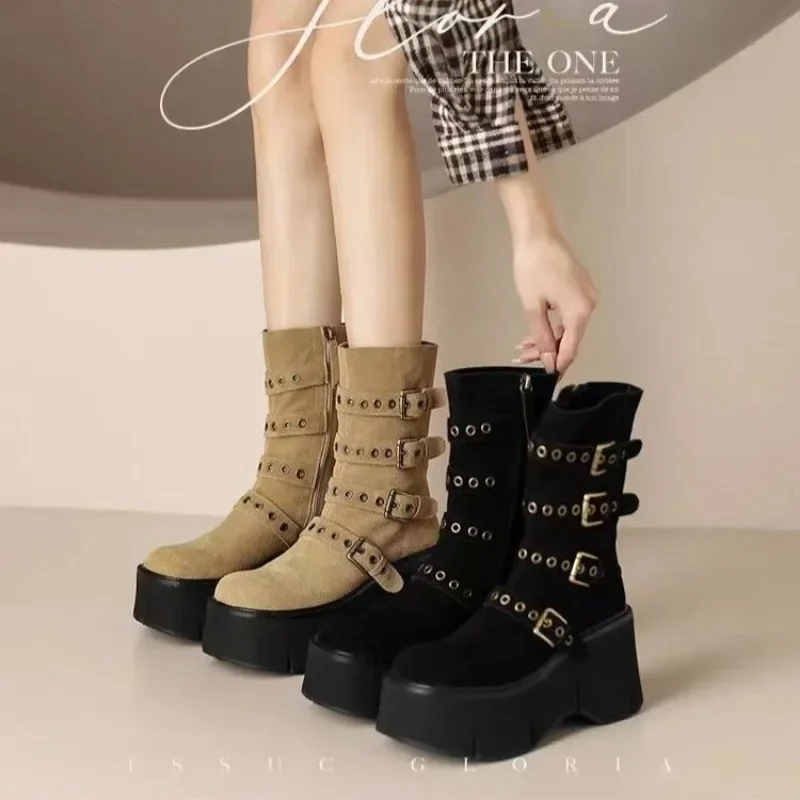 Women Mid-calf Boots Autumn Winter Woman Buckle Round Head 2023 Fashion Outdoors Wear Resistant Ladies Boots Botas Mujer