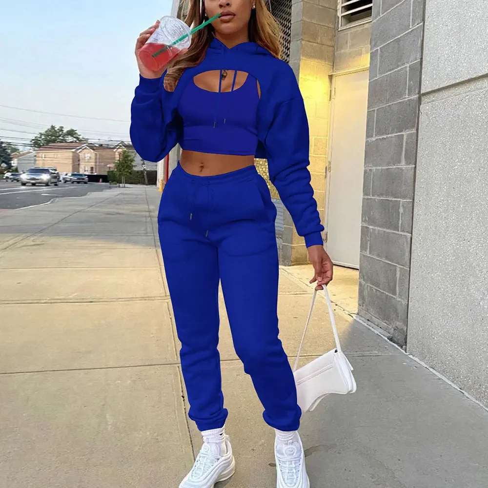 

Women 3 Pieces Sets Sweatpants and Hoodie Set Cropped Tops Fleece Pants Suit Tracksuit Fitness Sport Jogger Outfit Clothing