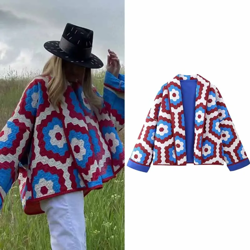 

HXAO Women's Down Jacket Printed Patchwork Jacket Quilted Padded Jackets Fashion Winter Down Padding Coats Loose Outerwears