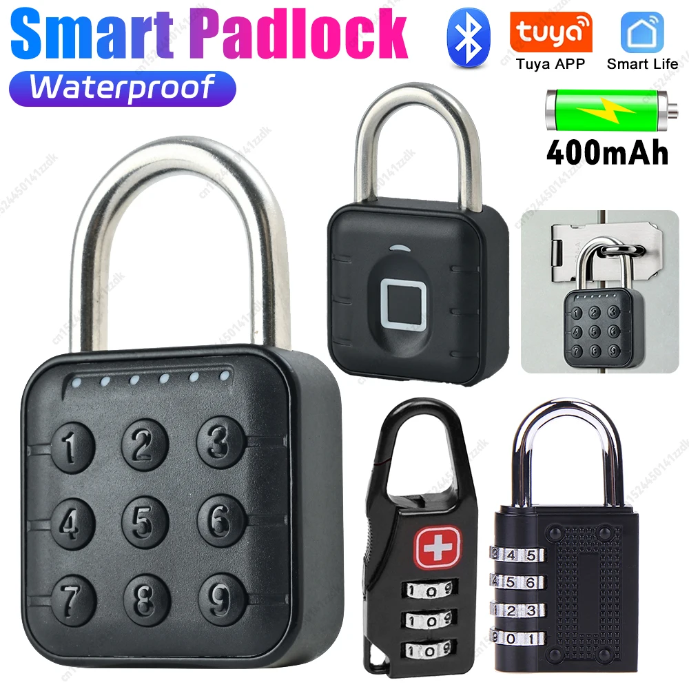 Electronic Lock Tuya Bluetooth Fingerprint Padlock Weatherproof 4 Digital Luggage Lock Safely Code Door Password Outdoor Gy