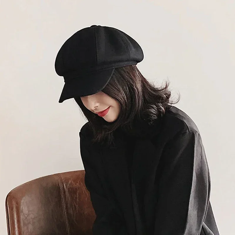 Solid Color Woolen Fashion Beret Autumn Winter Outdoor Cotton Hat Windproof Octagonal Hat Unisex Painter Hats Caps
