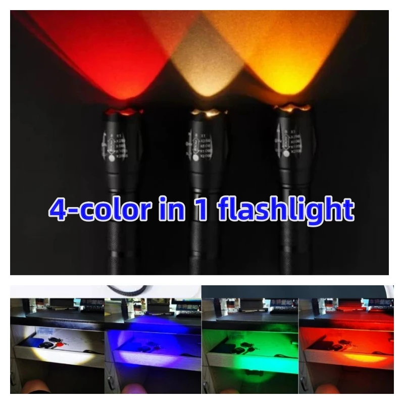 

Multiple light sources white yellow orange red blue green four color flashlight LED extendable and variable focus sunset