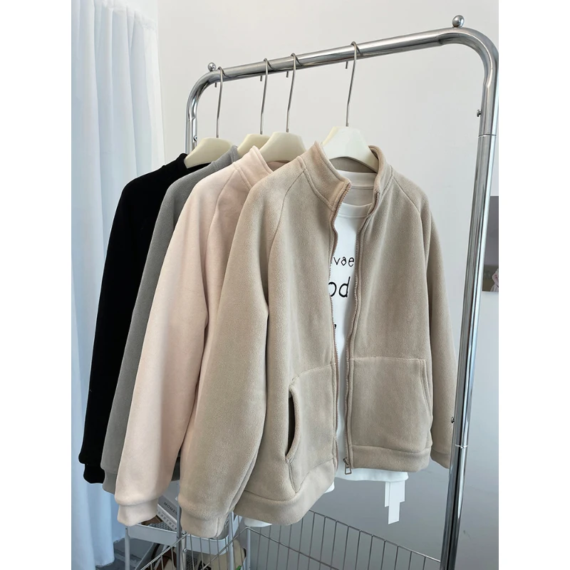 

Fall Winter Solid Color Fleece Cardigans Fashion Thick Thermal Raglan Sleeve Stand Collar Simple Harajuku Outerwears
