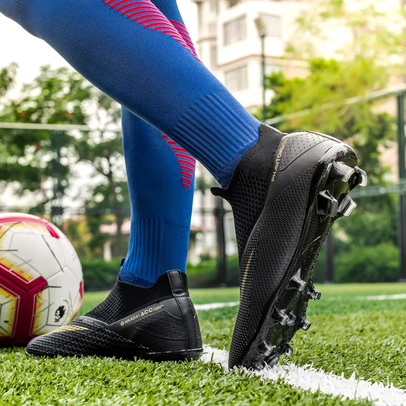 Tênis de futebol de malha respirável masculino, tênis de meia de cano alto, botas de futebol antiderrapantes resistentes ao desgaste, TF, FG, tamanho 36-49