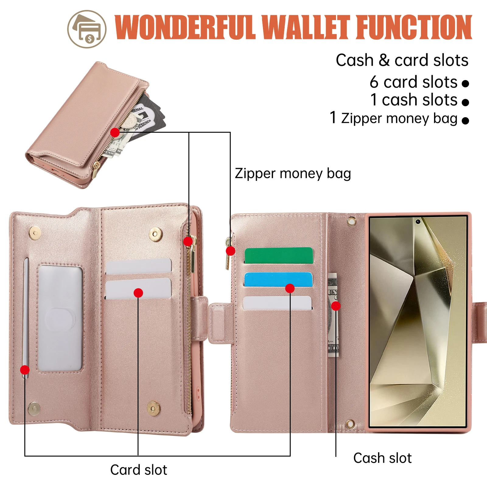 Etui na karty z zamkiem błyskawicznym na ramię Solt Wallet Leather do Samsung S24 Ultra S23 Plus S22 S21 A55 A15 A14 A54 w 1 odpinana torba_voghion.com