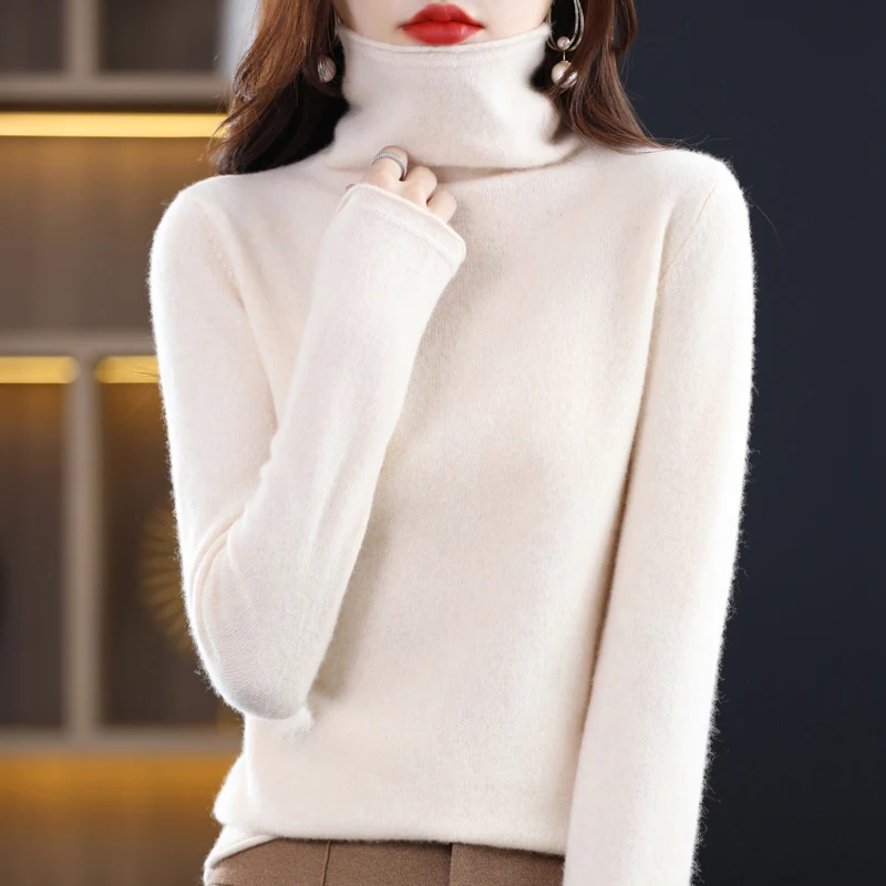 

Women's Sweater 100% Pure Wool Knit 2023 Autumn/Winter New Stacked Collar Pullover Loose Relaxed Long Sleeve Warm Korean Edition