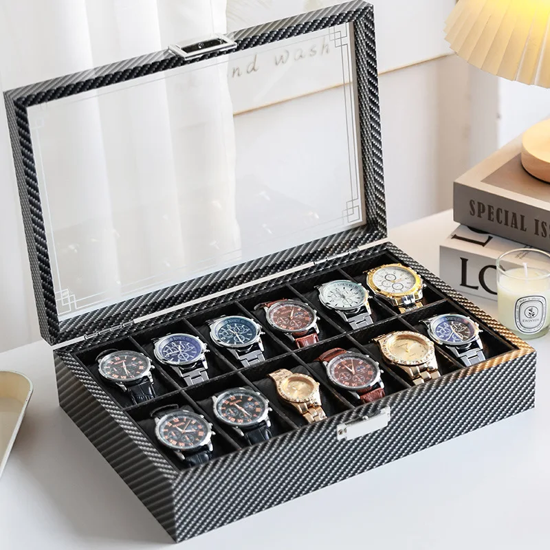 High-Gloss Carbon Fiber Watch Storage Box, Wristwatch and Bracelet Display Case, Large Capacity Watch Collection Box, Christmas