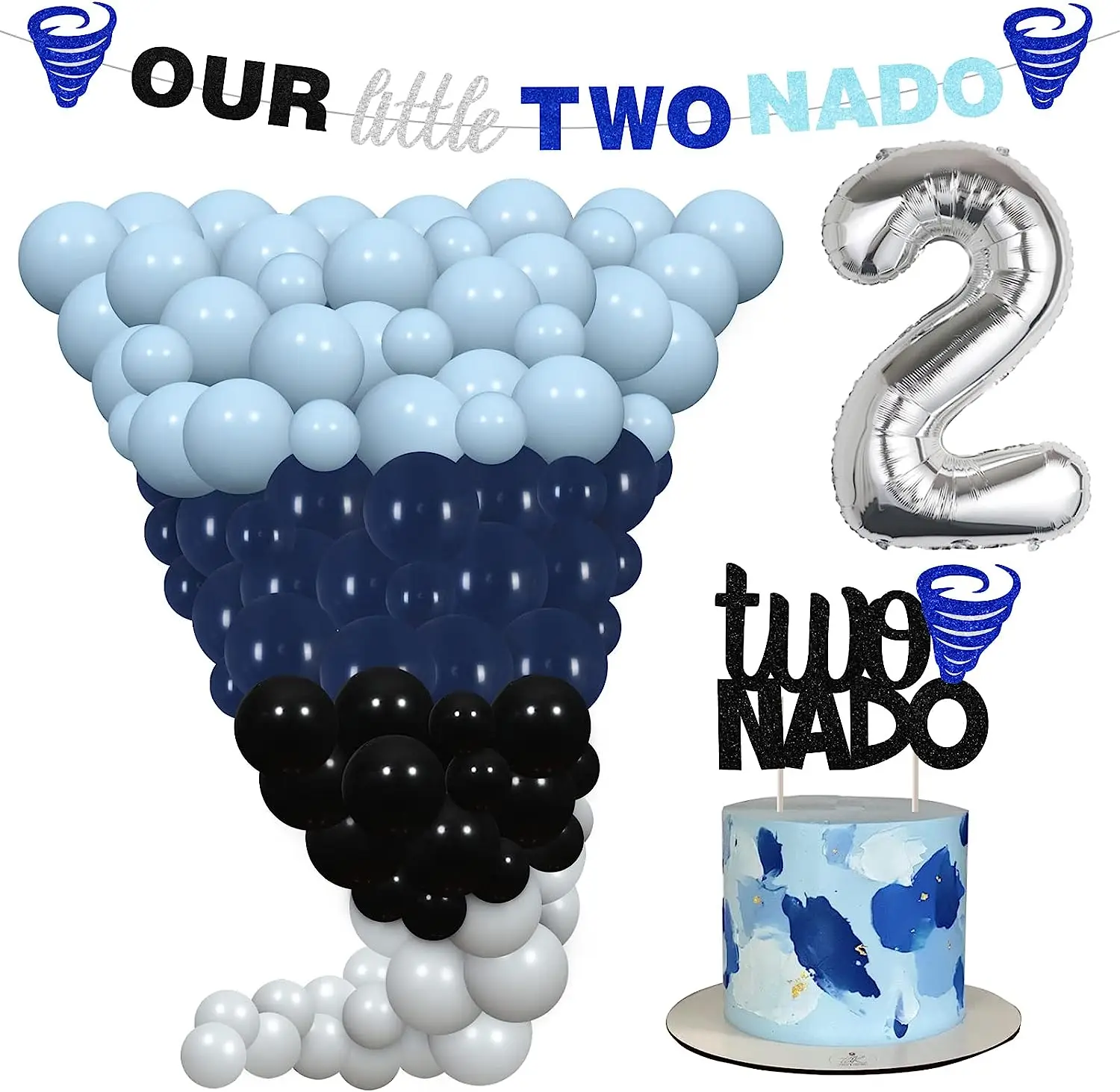 

Tornado 2nd Birthday Party Supplies, Decorations with Two Nado Banner, Cake Topper, Blue Balloon, Garland for Two Years Old Boys