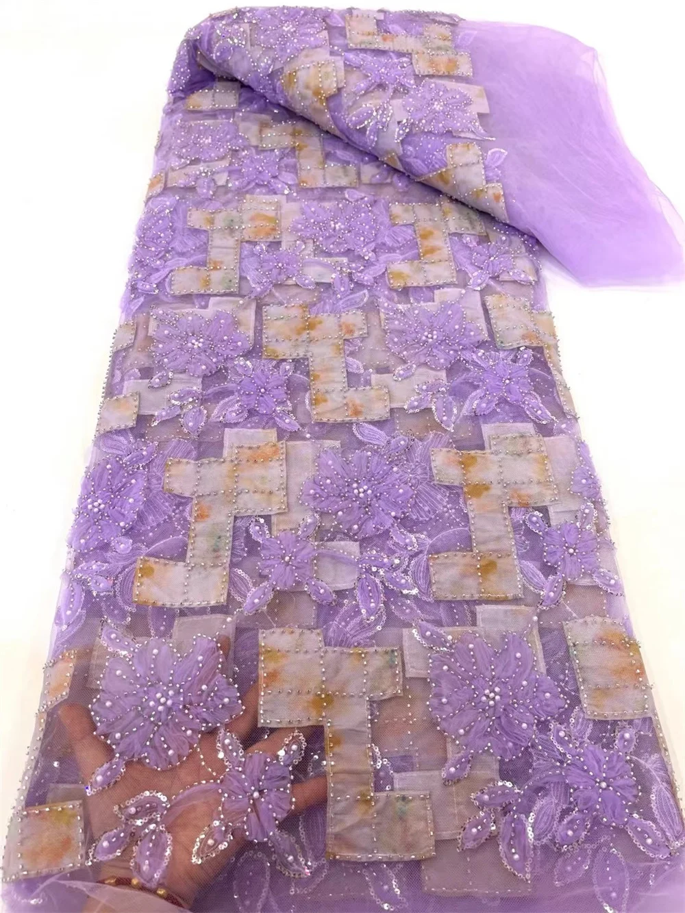 

African Fabric Fashion Chiffon Net Lace Fabric High Quality 2024 Nigerian Beaded Lace Fabric Luxury Elegant Evening Dress A60- 2