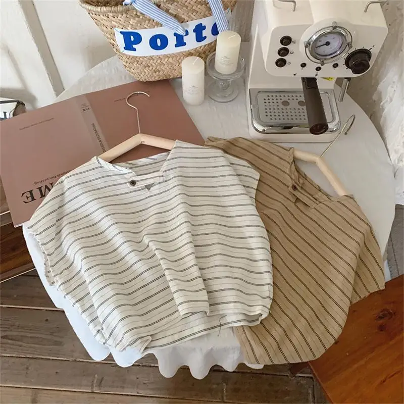 

Korean Children's Loose Striped Short Sleeve T-shirt Baby Cotton Hemp Top Summer Baby Clothing