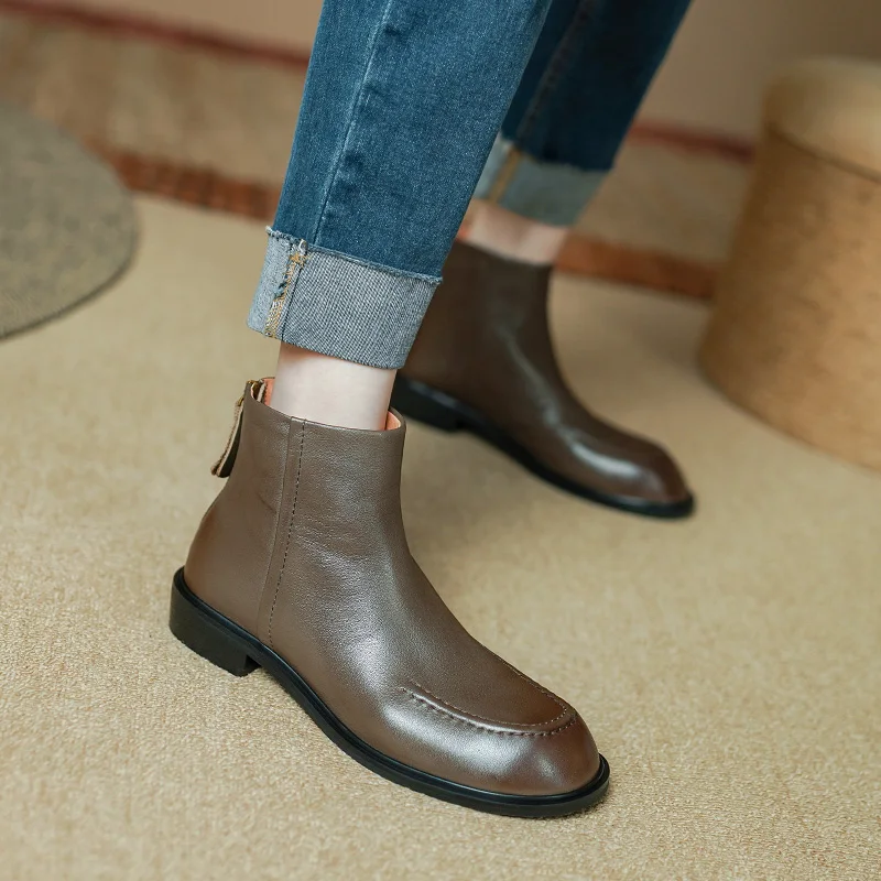 

Women Ankle BootsSimple Style Botas Autumn Spring Basic Shoes Side Zippers Winter Shoes Round Toe Ladies Cowhide Warm Boots