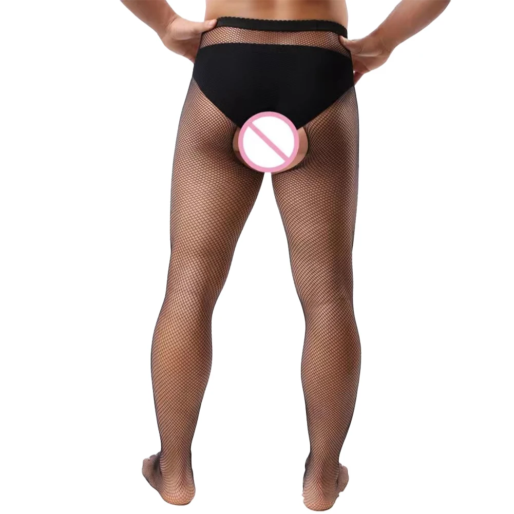 Sexy Men Sissy Pantyhose Fishnet See-through Body Stockings Ultra-thin Open Crotch Underwear Hollow Tights Pants Gay Erotic Wear