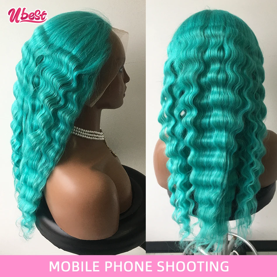 13X6 Turquoise Cyan Wig Human Hair Colored Loose Deep Wave 13x4