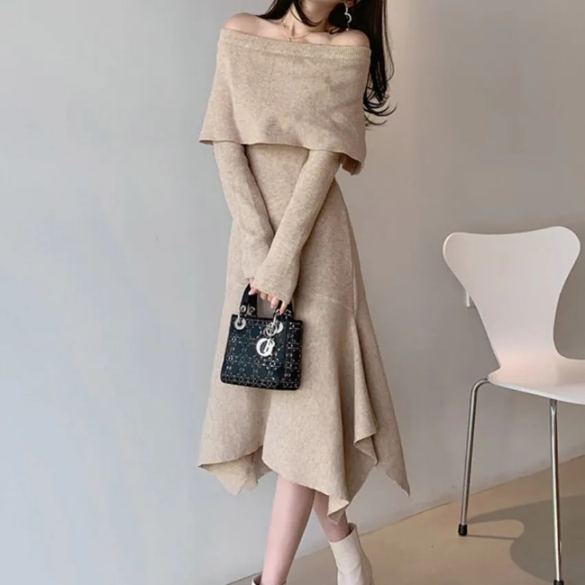 Women-Fashion-Slash-Neck-Midi-Knitting-Dress-New-Korean-Autumn-Winter ...