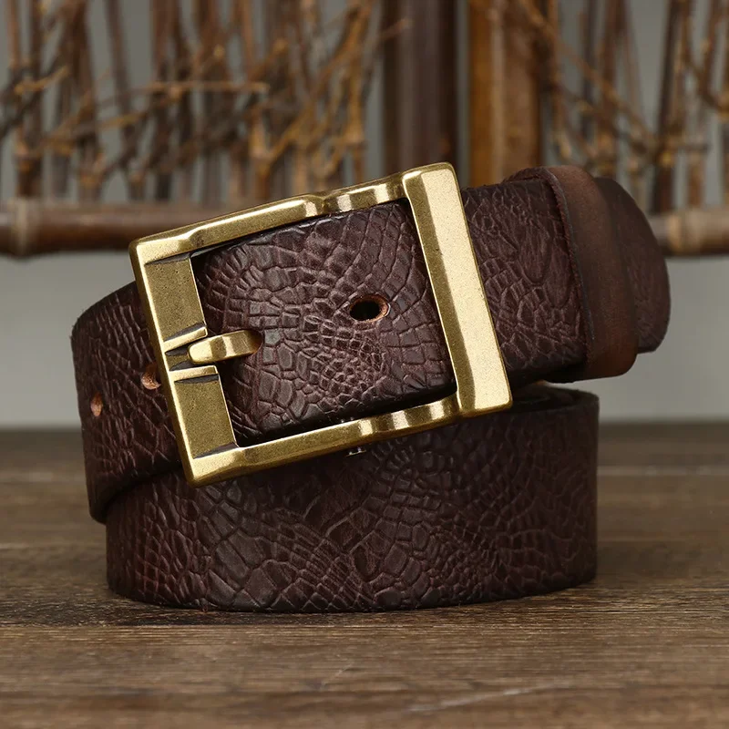 

Plyesxale 2024 Brass Pin Buckle Mens Genuine Leather Belts Vintage Washed Embossed Pattern Top Layer Cowhide Jeans Belt Men B130