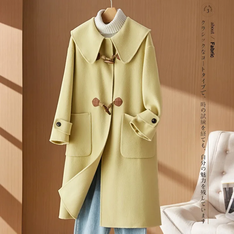 

Double-Sided Cashmere Coat For Women In Autumn And Winter 2023, New Design Sense, College Style Doll Collar, Cow Horn Buckle Woo