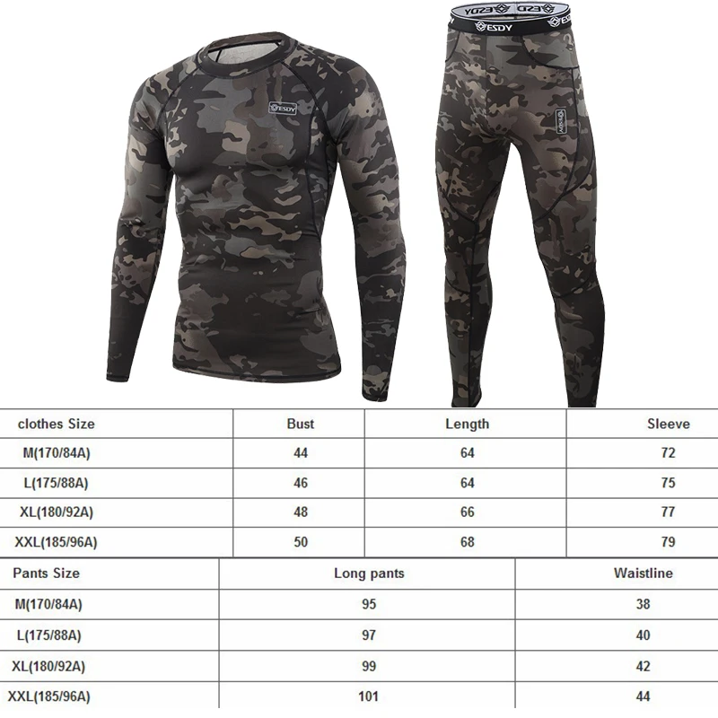 Winter Thermal Underwear Sets Men Quick Stretch Warm Tights Compression Fleece Sweat Fitness Warm Long Pants Camouflage Shirts