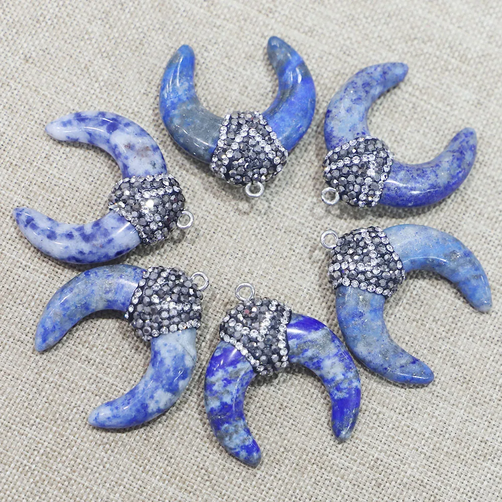 Free Shipping Natural Stone Crescent Horn Encrusting Diamond Pendant Necklace Fashion Reiki Jewelry Accessories Wholesale 6P/Lot