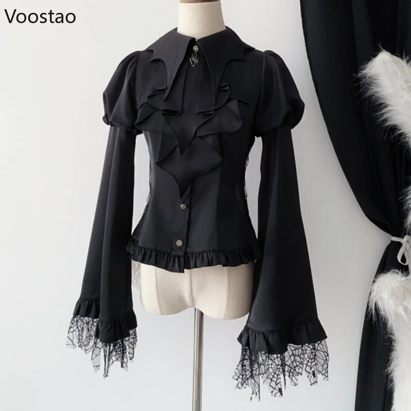 Victorian Vintage Lolita Style Shirt Women Casual Gothic Mesh Lantern Sleeve Slim Blouse Female Y2k Aesthetic Kawaii Tops Blusas 1