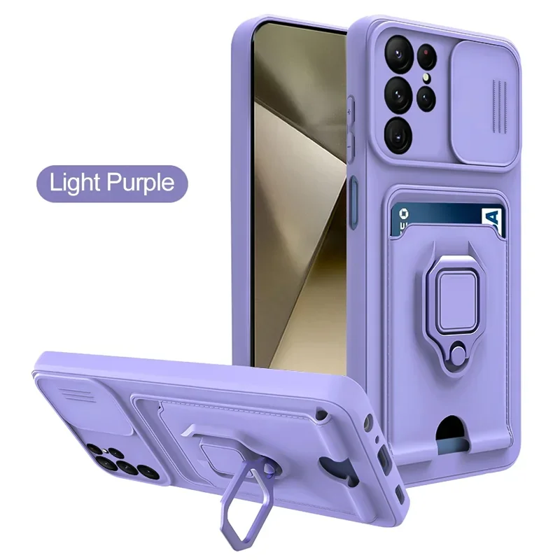 Slide Camera Case with Card Slots and Magnetic Ring Holder - Wallet Silicone Cover