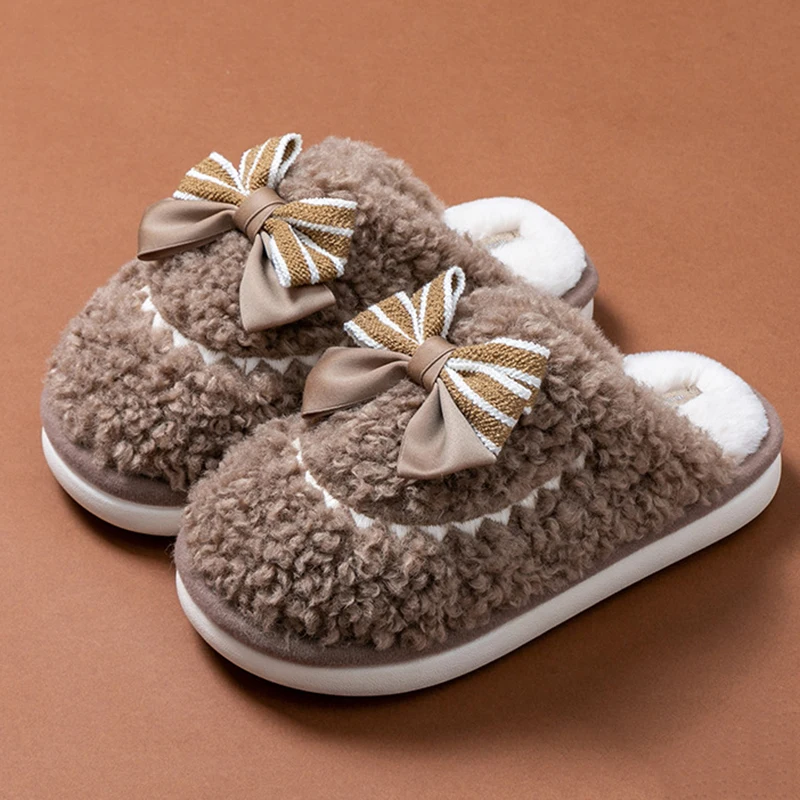 Faux Wool Bowknot Cotton Slippers Women Winter Thick Bottom Warm Indoor Home Shoes Woman Anti Slip Fluffy Plush Slides Ladies