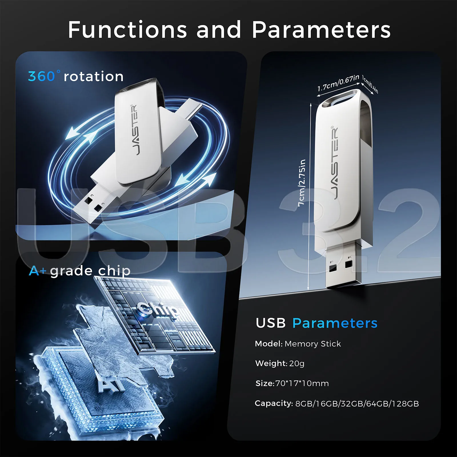 128GB USB 3.2 플래시 드라이브 100MB/s 고속 2in1 TypeC OTG 펜 드라이브 방수 대용량 저장 장치(전화 컴퓨터 PC 저장 장치용) ?