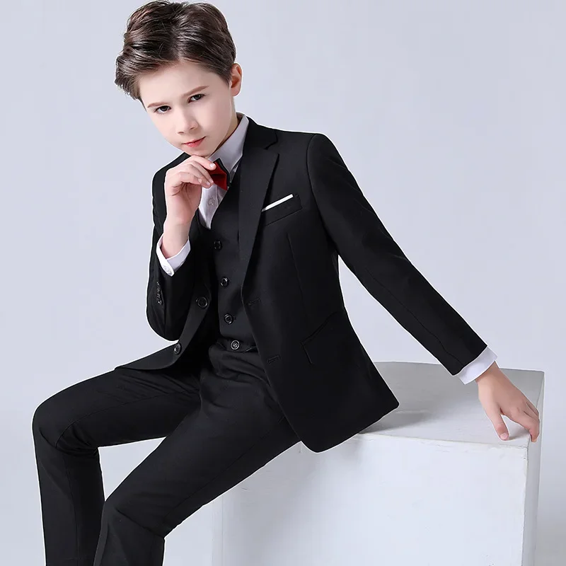 

Fashion Boy Formal Suit Kids Quality Solid Tuxedo Wedding Set Teenager Child Blazer Bowtie Pants Shirt Party Performance Costume