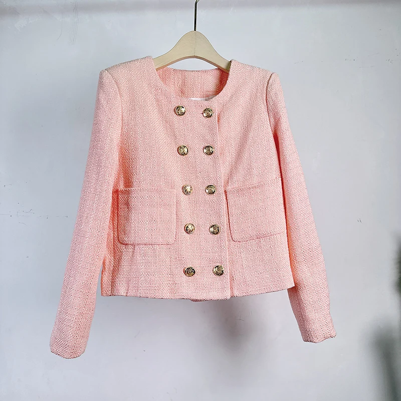 

2023 New Autumn Winter Brand Luxury Tweed Short Jacket Coat Women Eelgant French Golden Double Breasted Woolen Suit Outwear