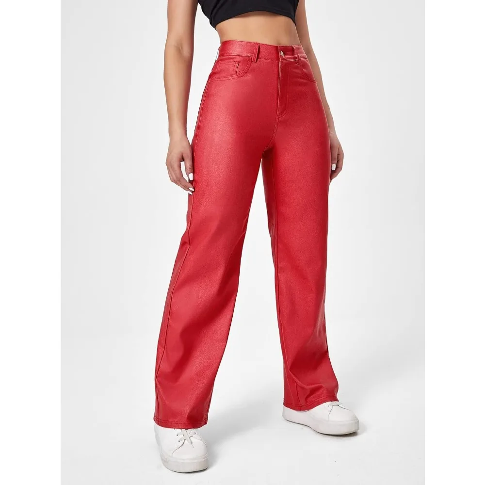 Invisible Open Crotch Outdoor Sex Women High Waist Pocket Straight Leg Boyfriend Jeans Leather Faux Leather Leggings PU Trousers