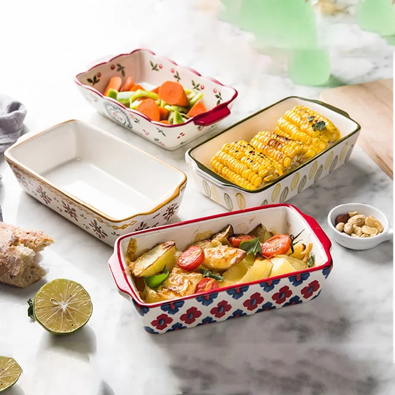 Ceramic Baking Dish Roasting Lasagna Pan Rectangular Dish Bakeware Pan With Handle Oven Kitchen Baking Tool