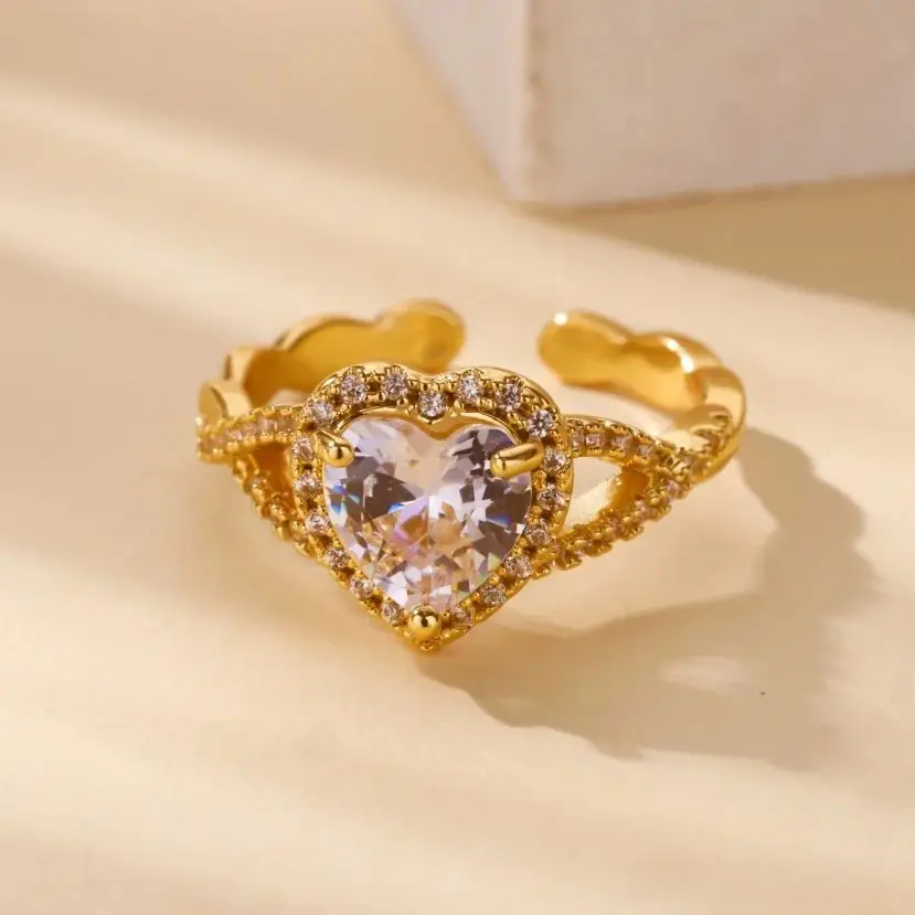 Zircon Heart Wedding Rings Stainless Steel Gold