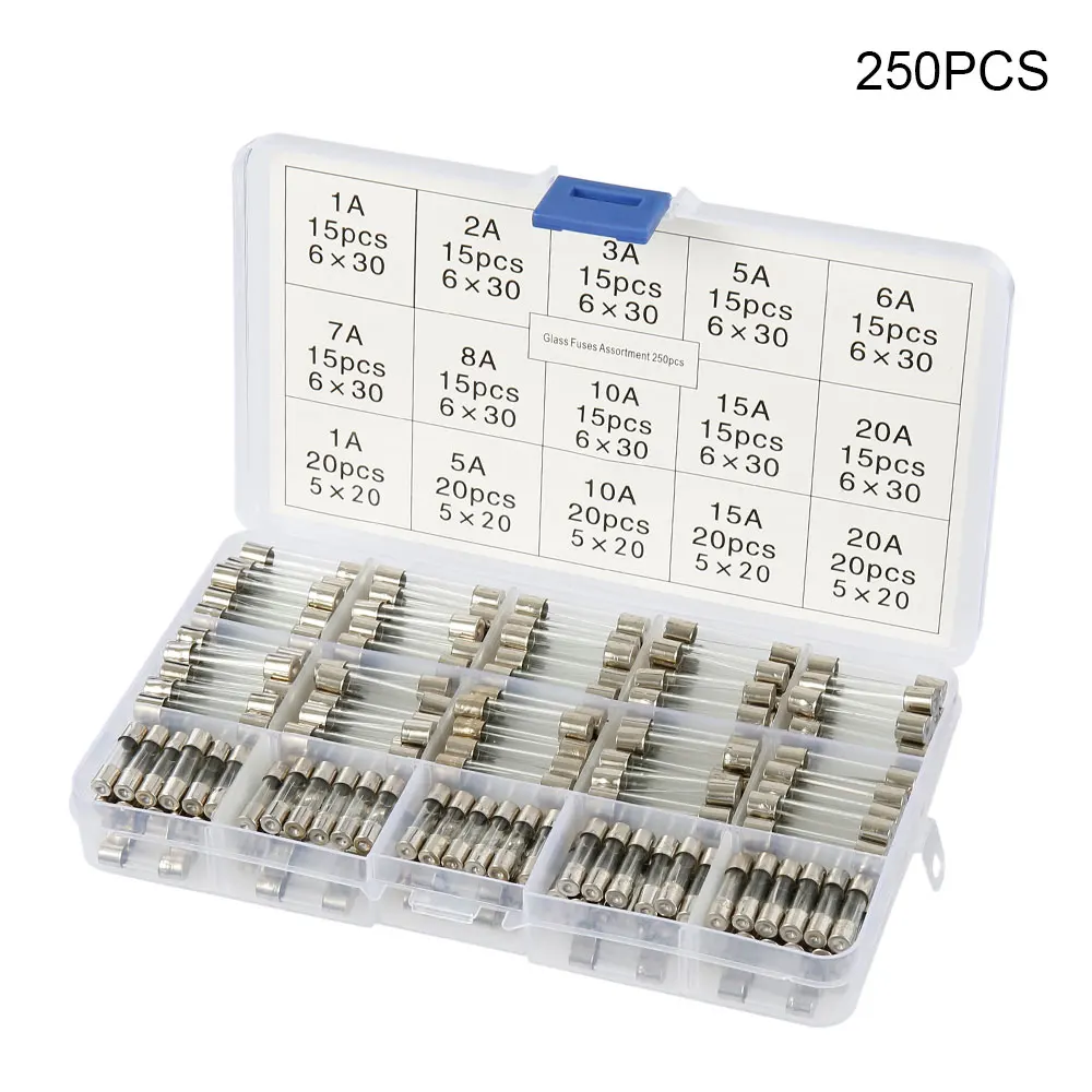 

250Pcs Glass Tube Fuses Fast Blow Glass Fuses 250V 6x30 mm 1A 2A 3A 5A 6A 7A 8A 10A 15A 20A 5x20 mm 1A 5A 10A 15A 20A with Clear