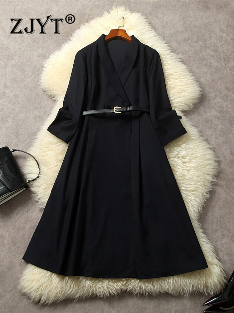 

ZJYT Autumn Elegant Simple Office Dresses for Women 2023 Fashion Three Quarter Sleeve Midi Party Vestidos Fiesta Deep Blue Robe